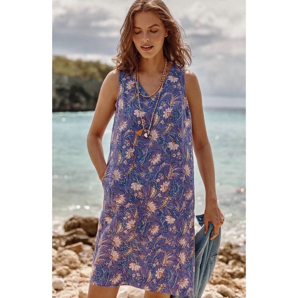 J.jill Sleeveless Linen Dress In Light Pansy Whimsical Jacobea Lagenlook